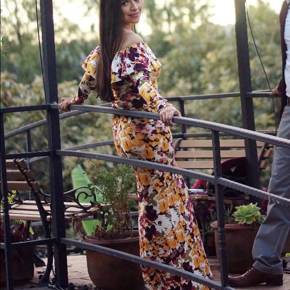 Long sleeve, off-the-shoulder, floral dress